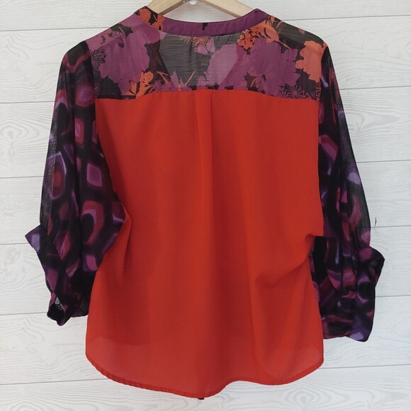 Fig & Flower Womens Shirt M Magenta Red Colorful Tie Front Button Up Sheer - Picture 6 of 7